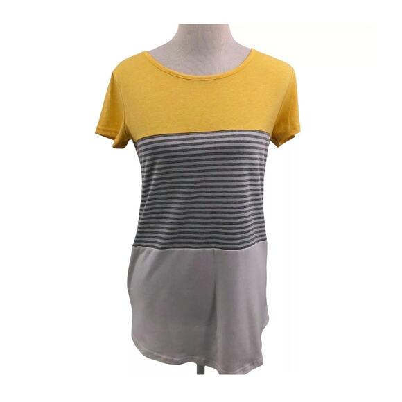 YunJey Yellow Gray White Tri Color Block Stripe Short Sleeve Top Plus 2XL Womens - Picture 2 of 13